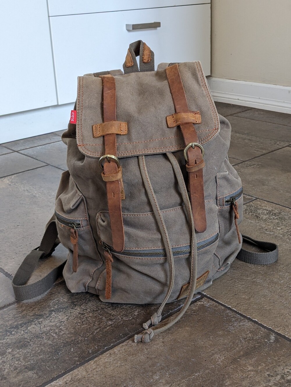 Augur Canvas Leather Trim Distressed Vintage Vibes Laptop Travel Backpack Khaki